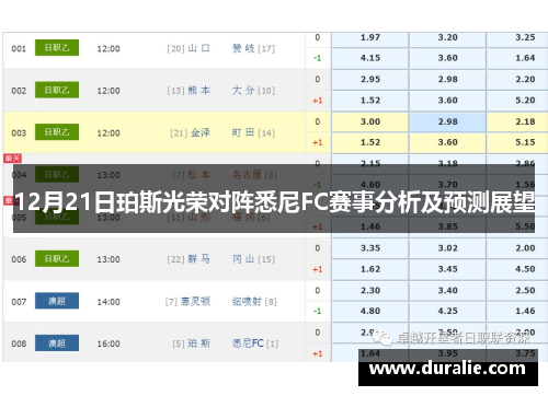 12月21日珀斯光荣对阵悉尼FC赛事分析及预测展望